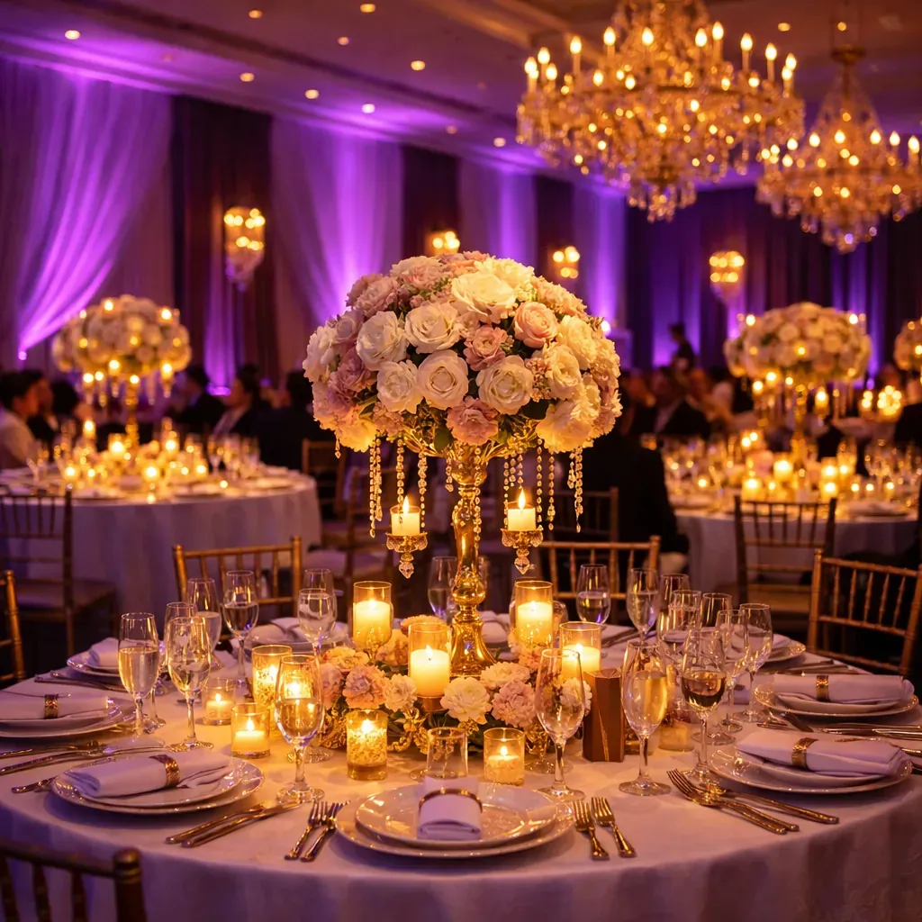 Dîner de gala élégant avec un éclairage d'ambiance violet et doré