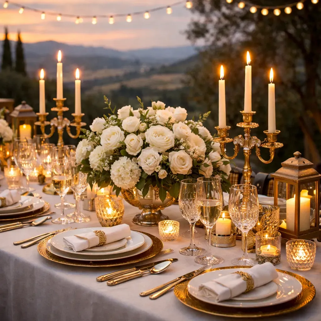 Mise en place luxueuse d'un dîner en plein air