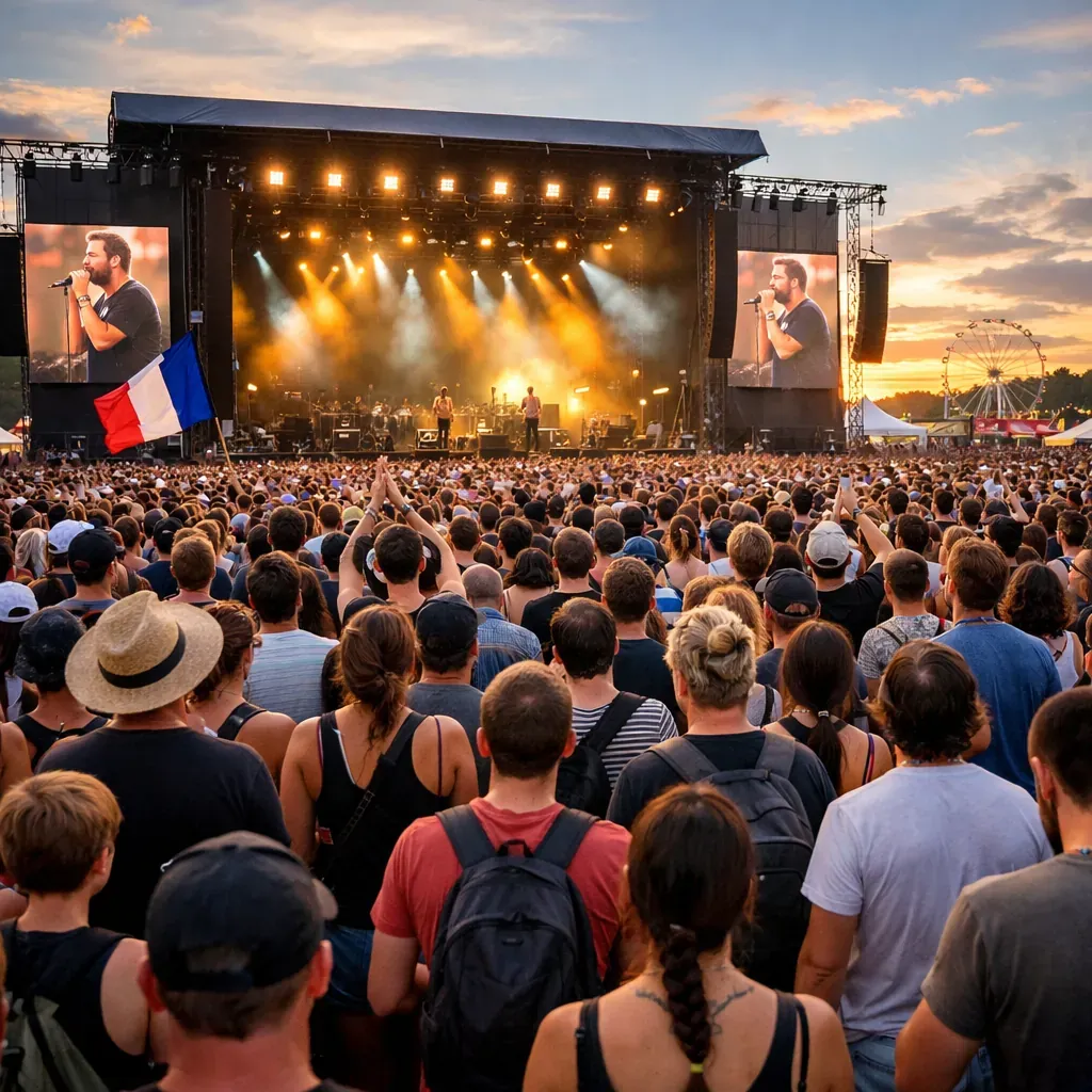 Foule nombreuse assistant à un festival en plein air