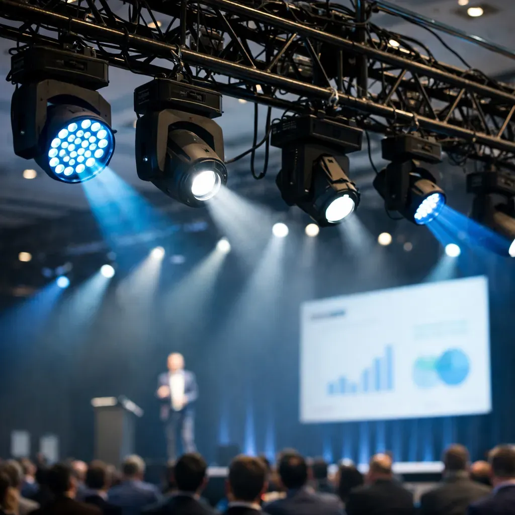 Tech stage lights at a B2B conference