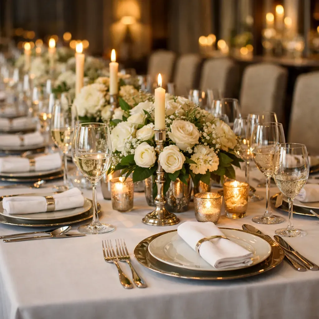 Longue table dressée pour un dîner élégant