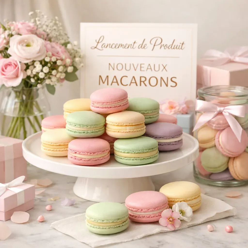 Présentation de macarons pastel pour lancement de produit