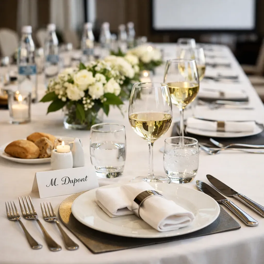 Mise en place de table élégante pour séminaire