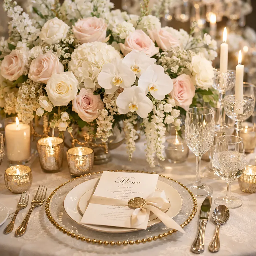 Détail table mariage luxueux fleurs