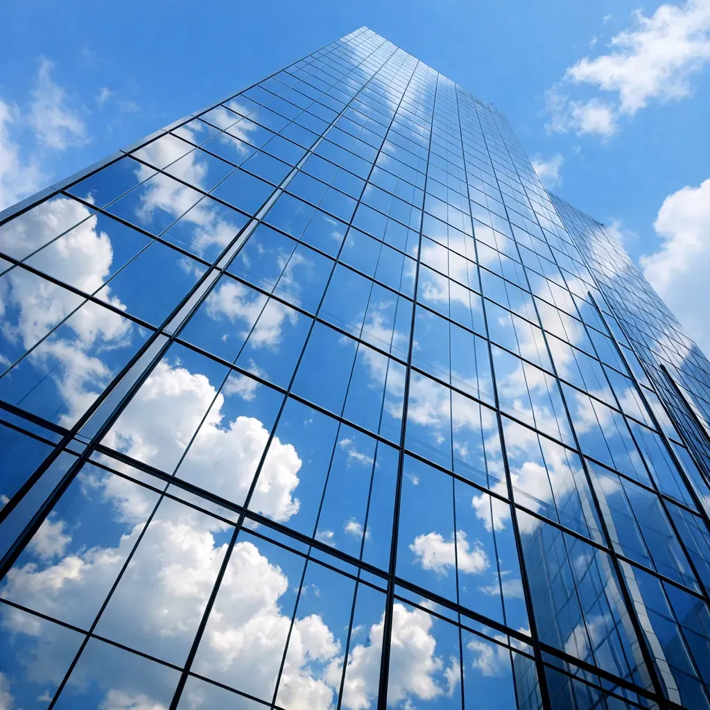Façade de gratte-ciel en verre reflétant le ciel bleu