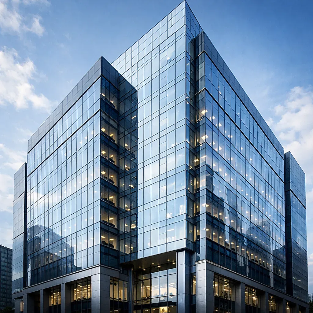 Façade d'un immeuble de bureaux moderne en verre représentant la solidité d'entreprise