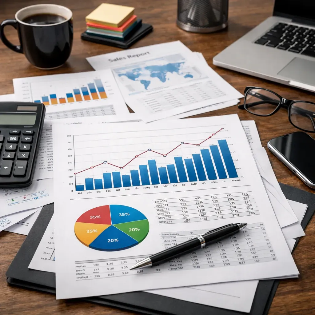 Graphiques financiers et documents sur un bureau