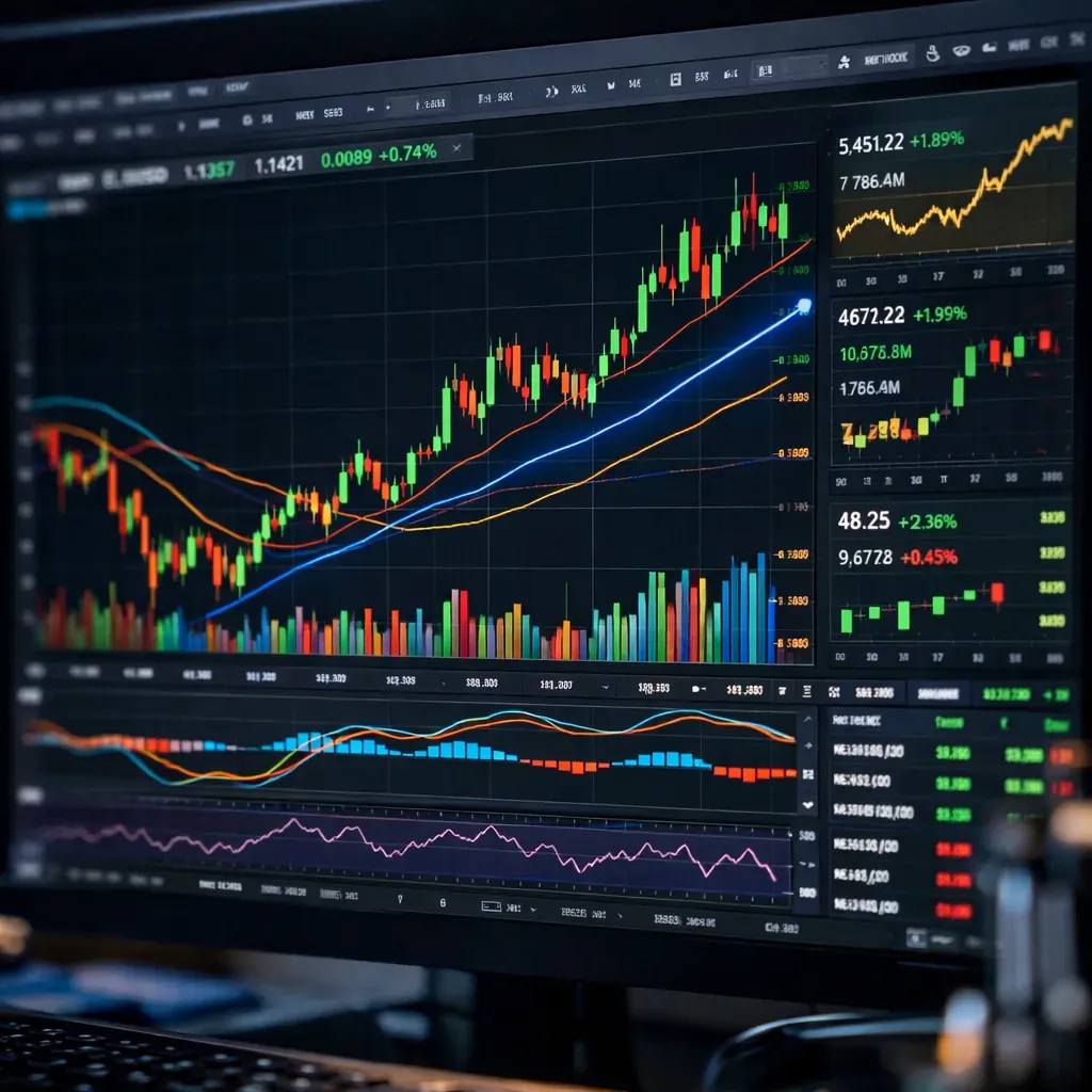 Trading screen with abstract data charts