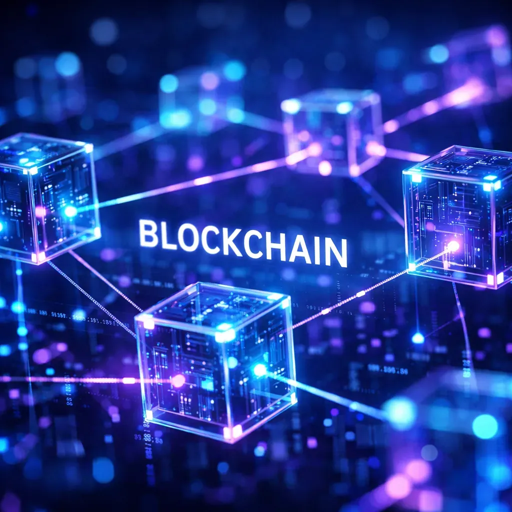 Digital blockchain visualization in blue and purple