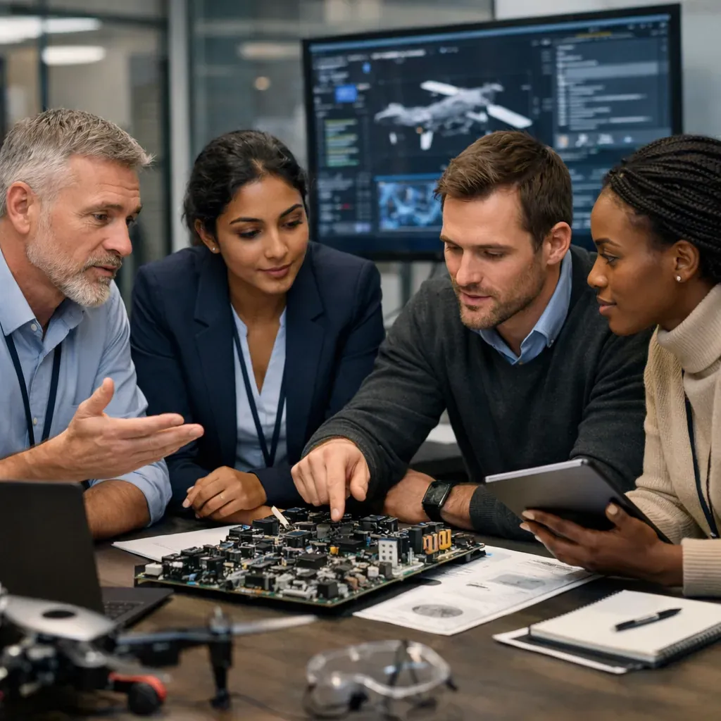 Équipe de professionnels discutant d'un projet technologique