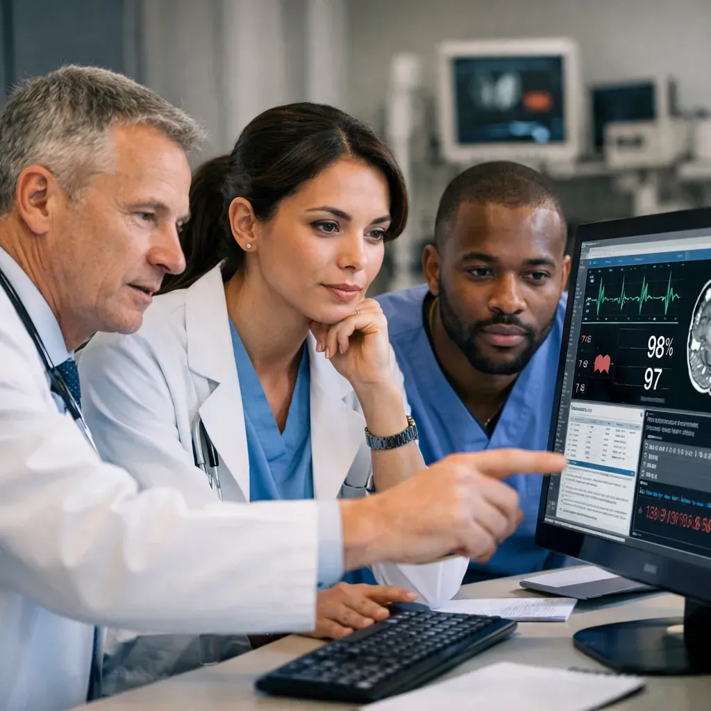 Équipe médicale analysant des données sur écran