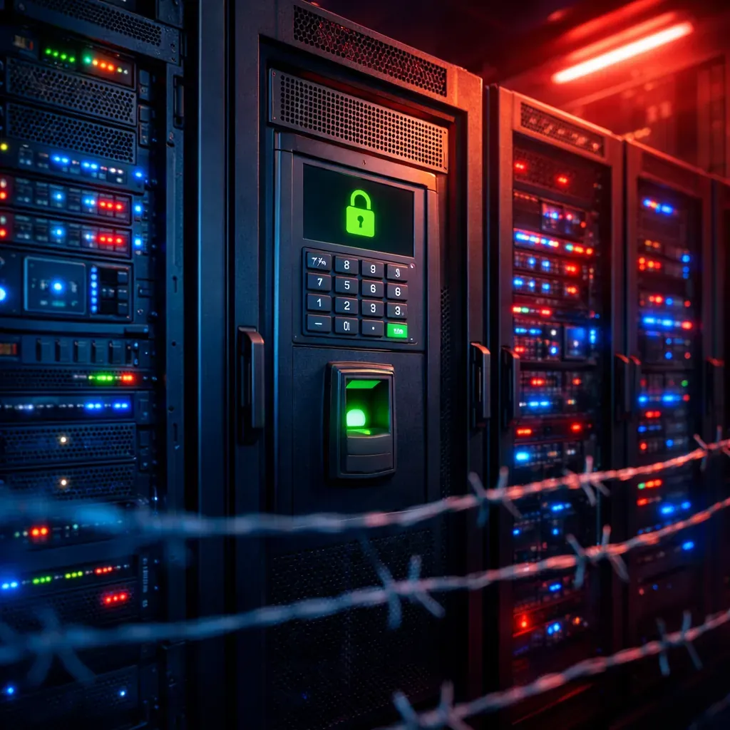 Serveurs informatiques sécurisés en lumière néon