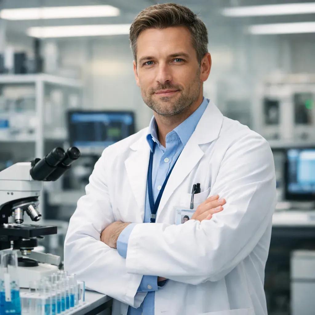Homme en blouse blanche dans un laboratoire moderne