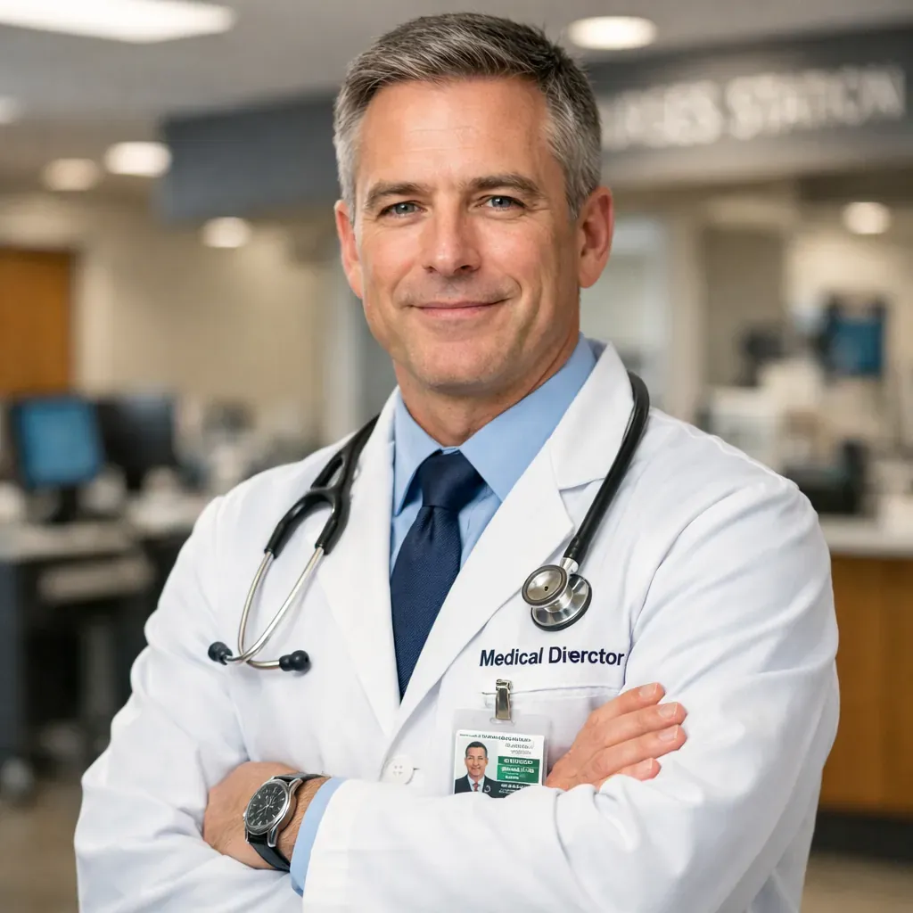 Portrait of male medical director in a clinical setting