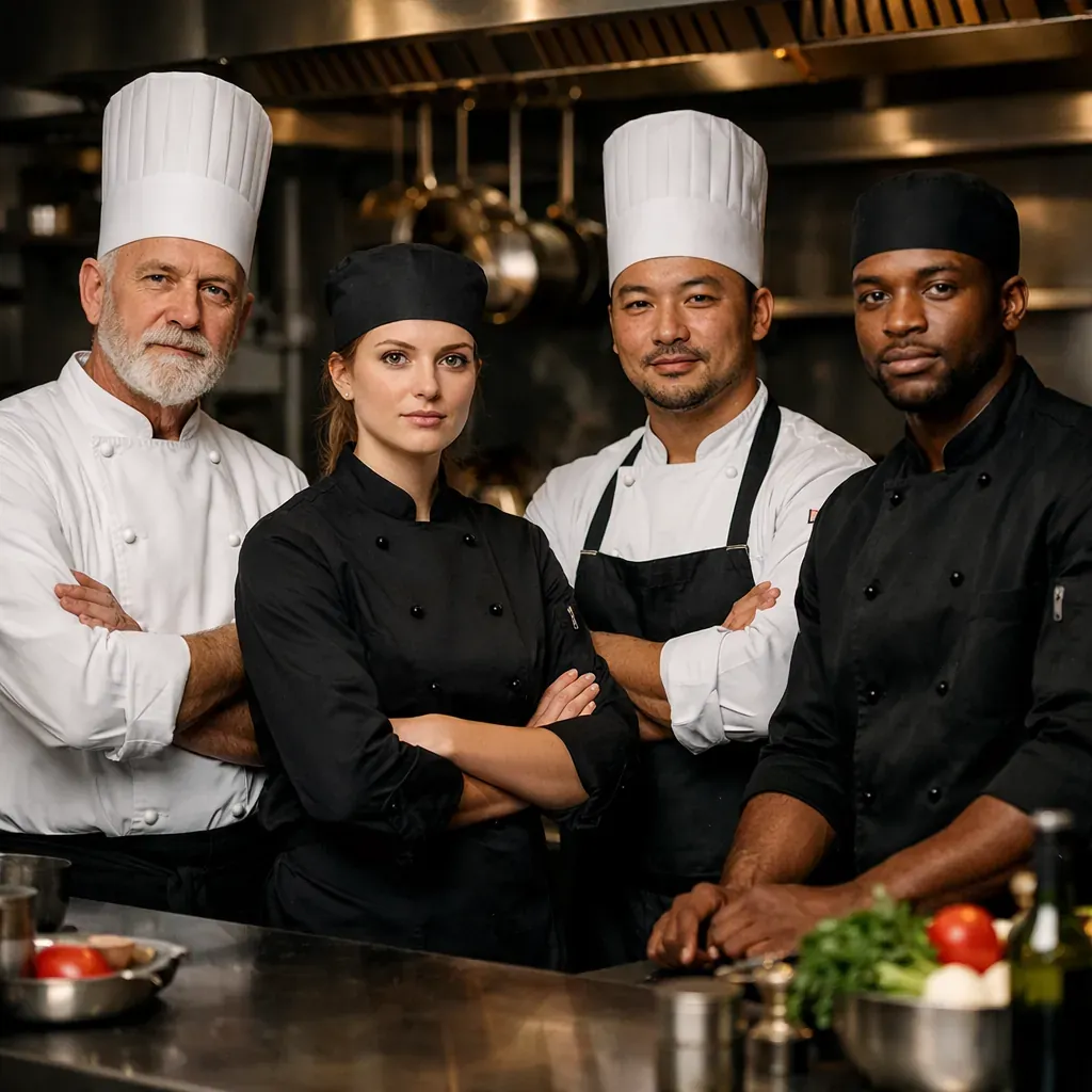 Équipe de chefs en cuisine professionnelle sombre