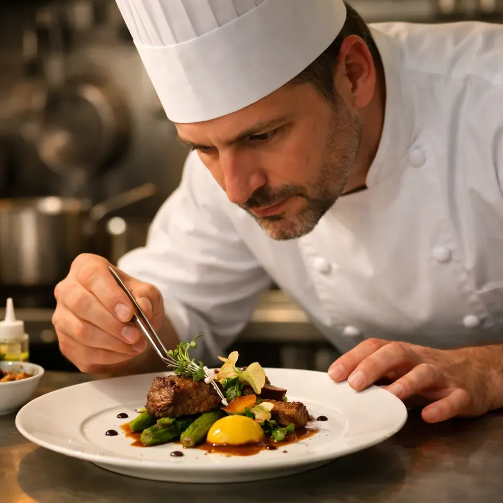 Chef dressant une assiette gastronomique
