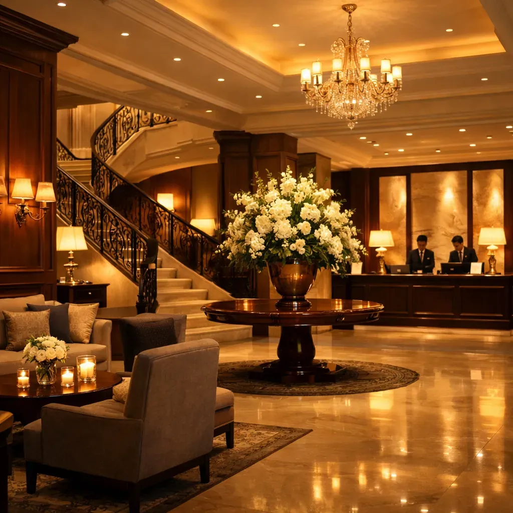 Intérieur d'un hôtel de luxe avec éclairage chaleureux