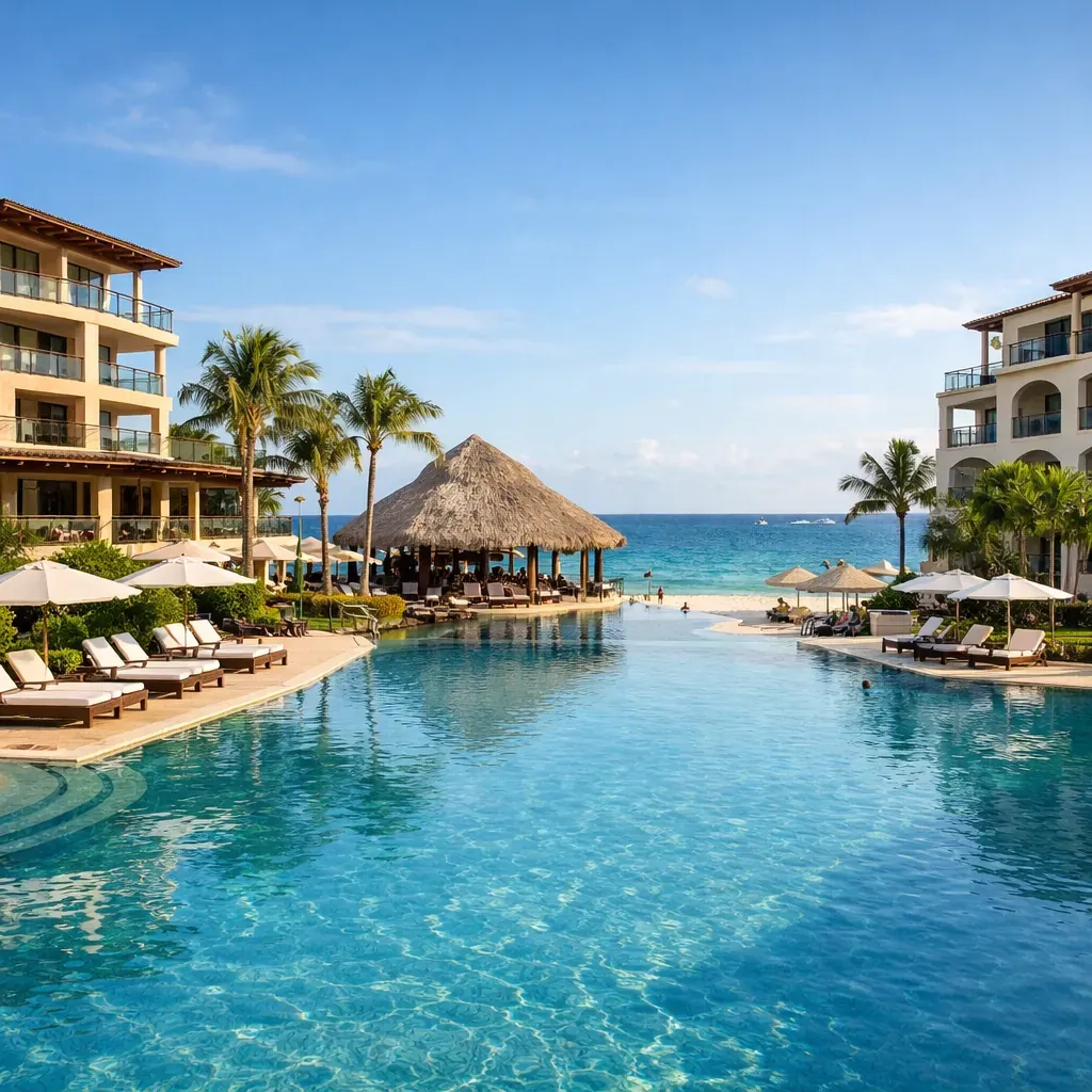 Vue sur la piscine et l'architecture d'un resort en bord de mer