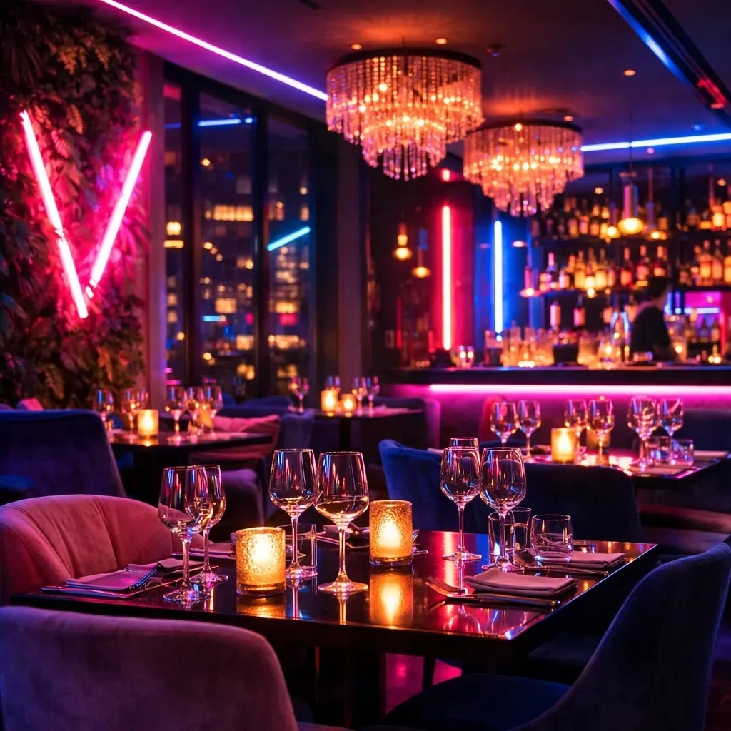 Ambiance restaurant de luxe en soirée avec lumières néon