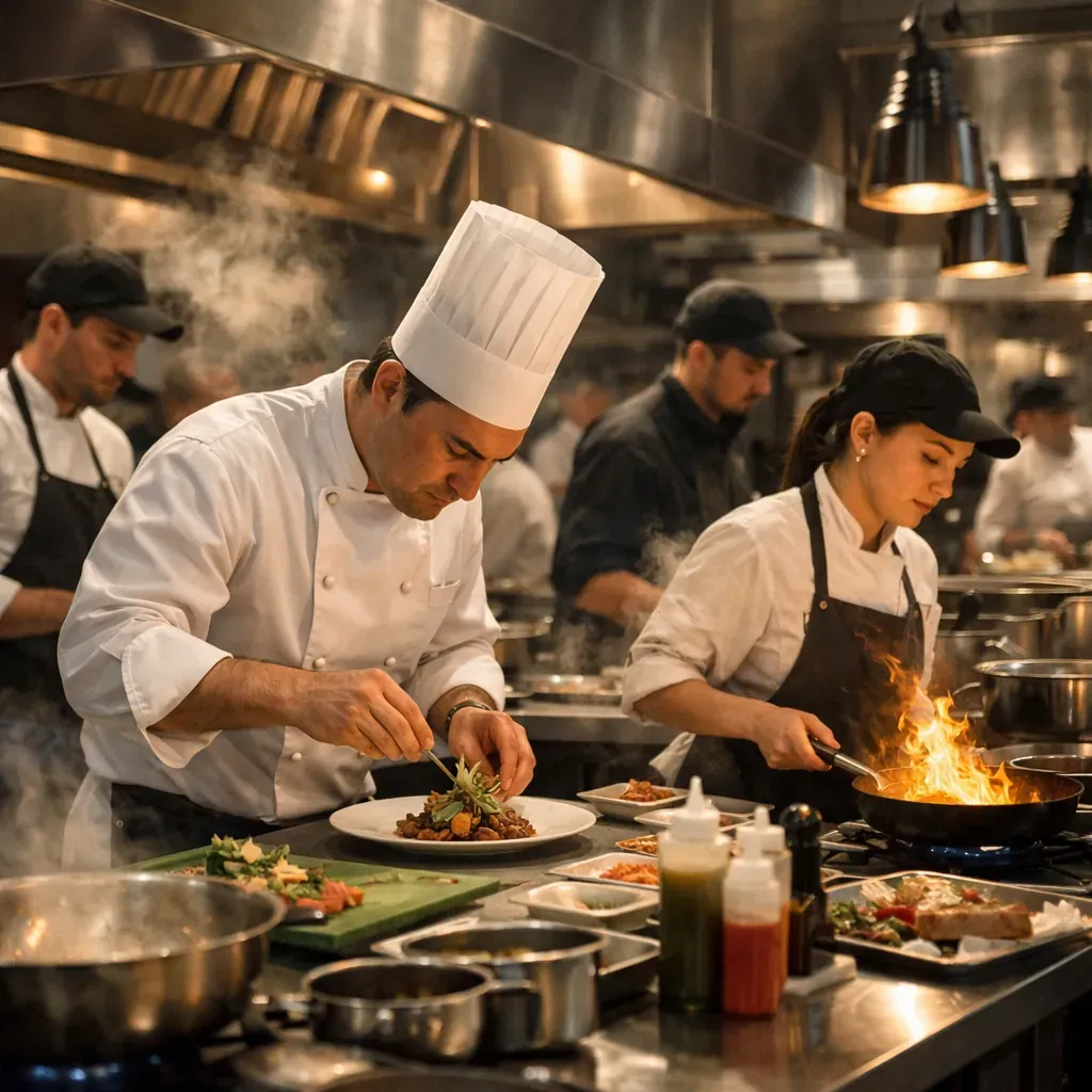 Equipe de cuisine en pleine préparation pendant le coup de feu