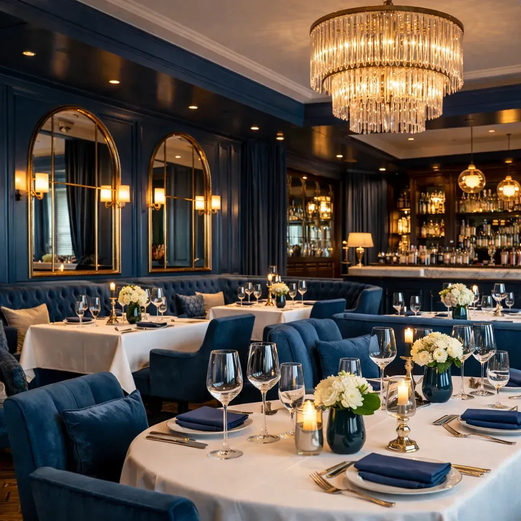 Intérieur de restaurant élégant en tons bleus