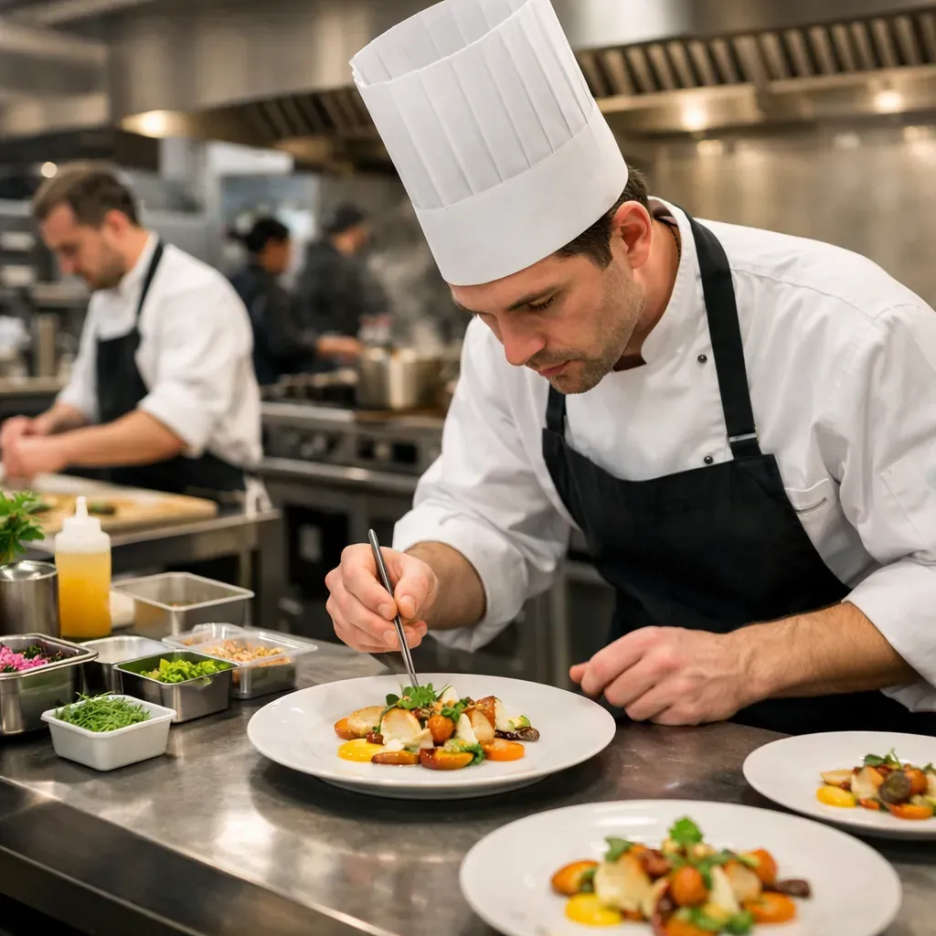Préparation minutieuse en cuisine professionnelle