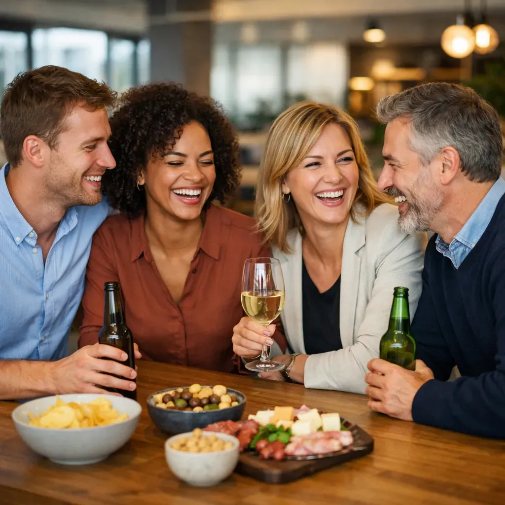 Groupe de collègues souriants partageant un moment convivial