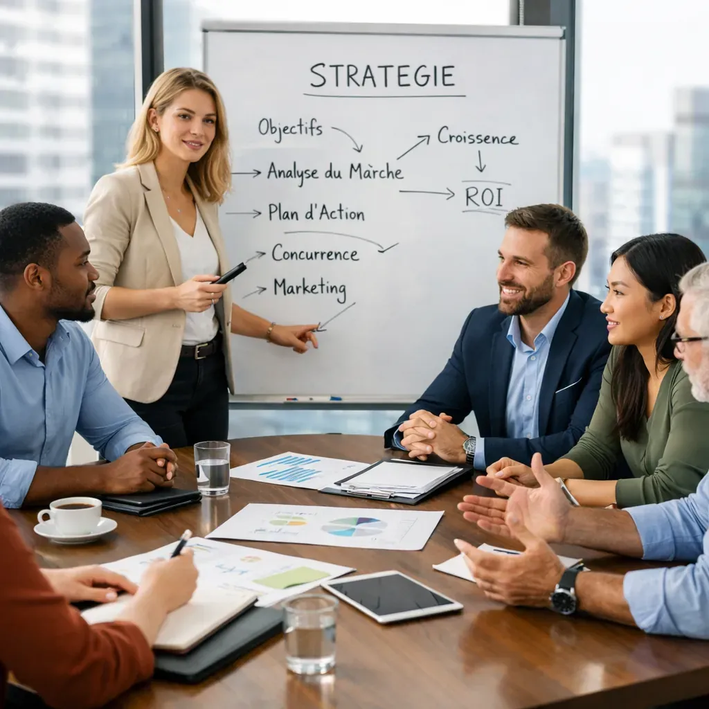 Équipe collaborative en réunion de stratégie