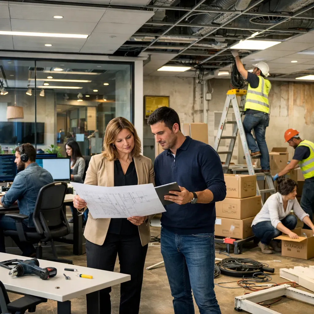 Bureaux modernes d'une entreprise tech illustrant la restructuration