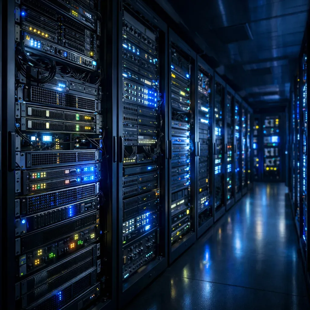 Illuminated server racks in datacenter