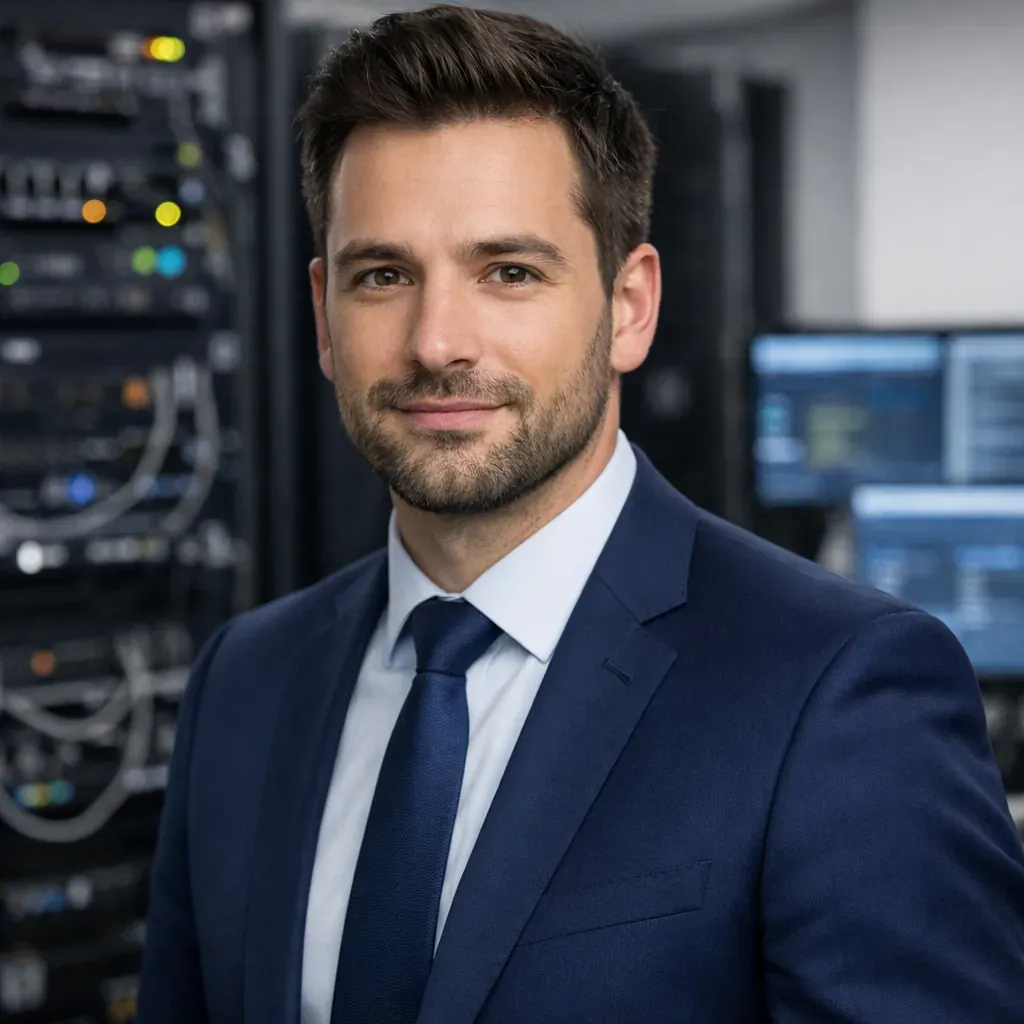 Portrait de professionnel IT en costume bleu