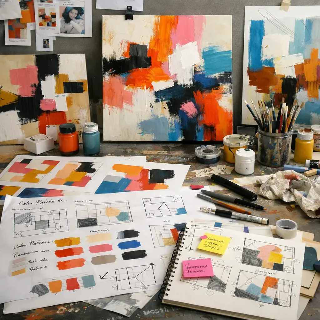 Espace de création abstrait avec croquis et planification