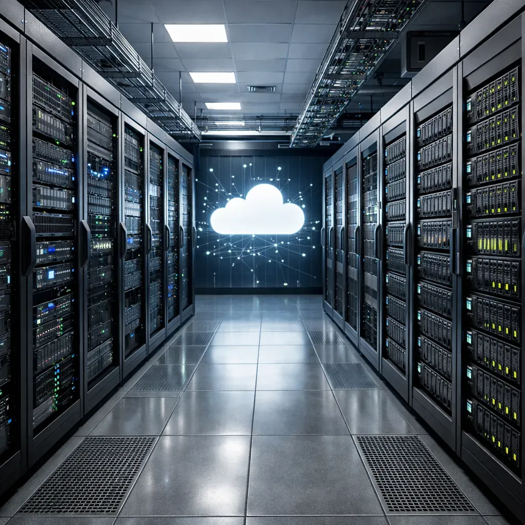 Salle de serveurs cloud et baies de stockage