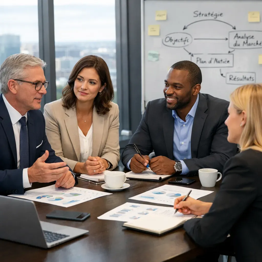 Équipe de professionnels en réunion stratégique