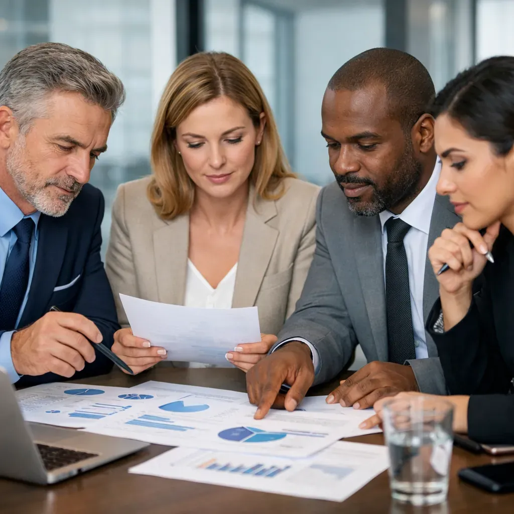 Personnes en réunion d'affaires analysant des documents