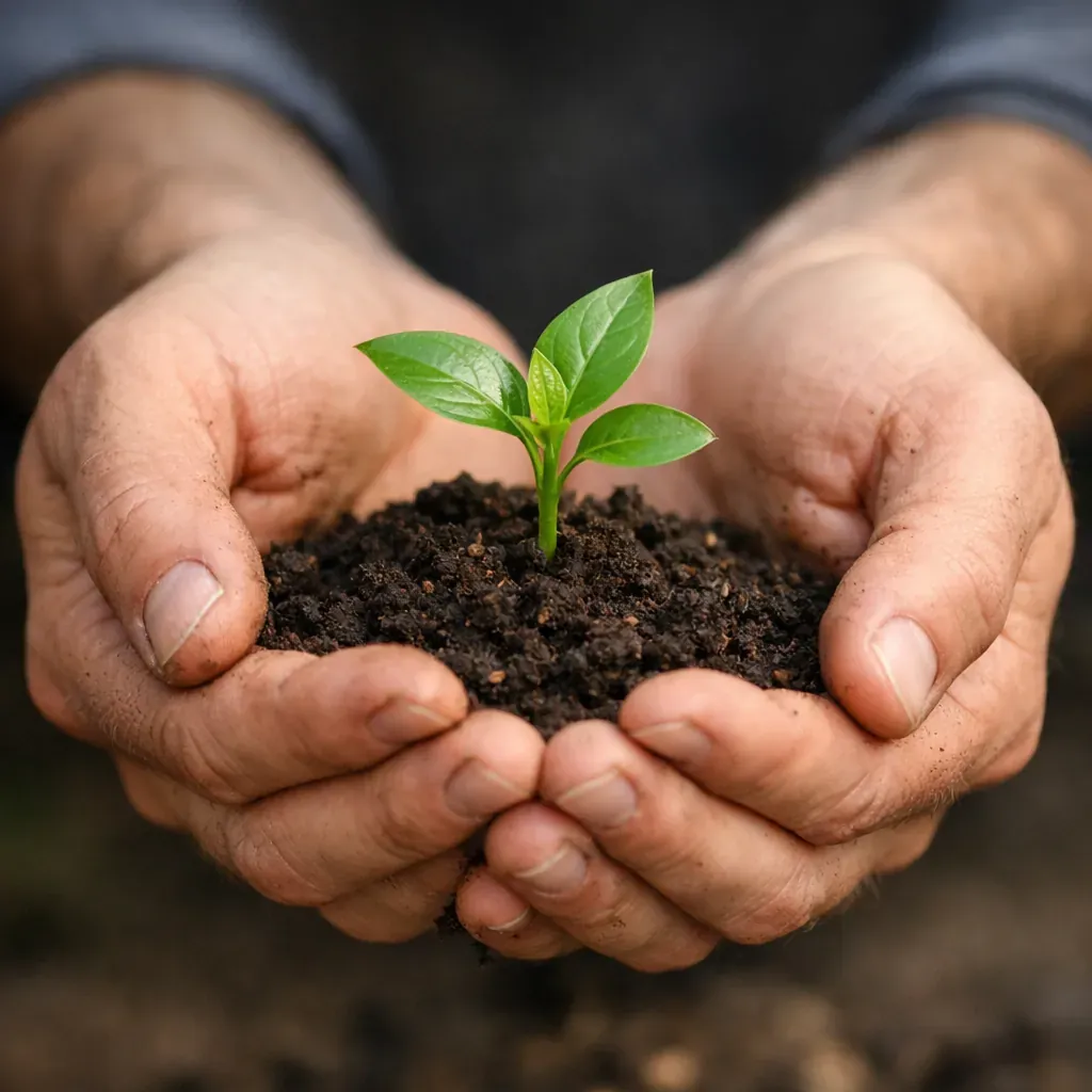 Hands holding a small green plant