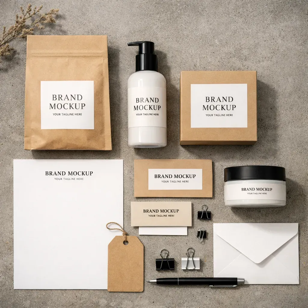 Mockup of brand identity and packaging