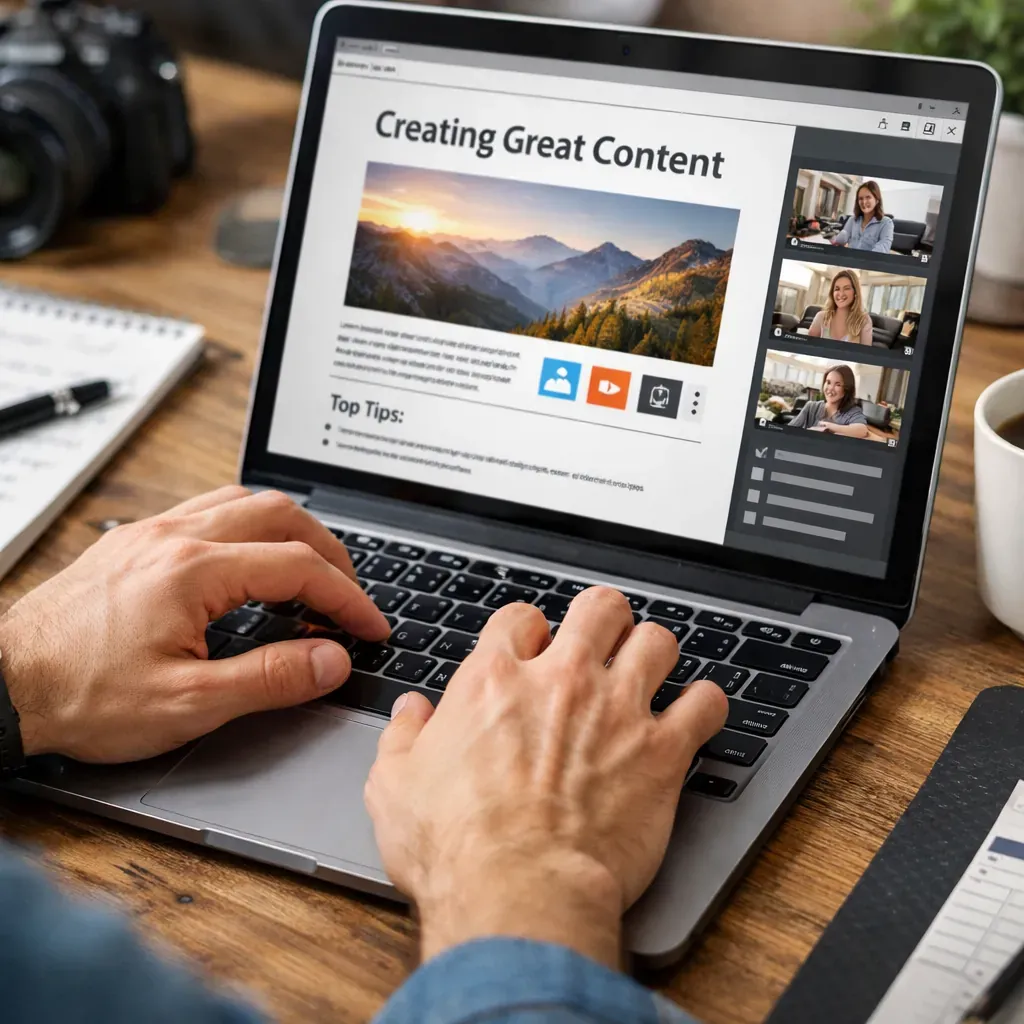 Hands typing on a laptop creating content