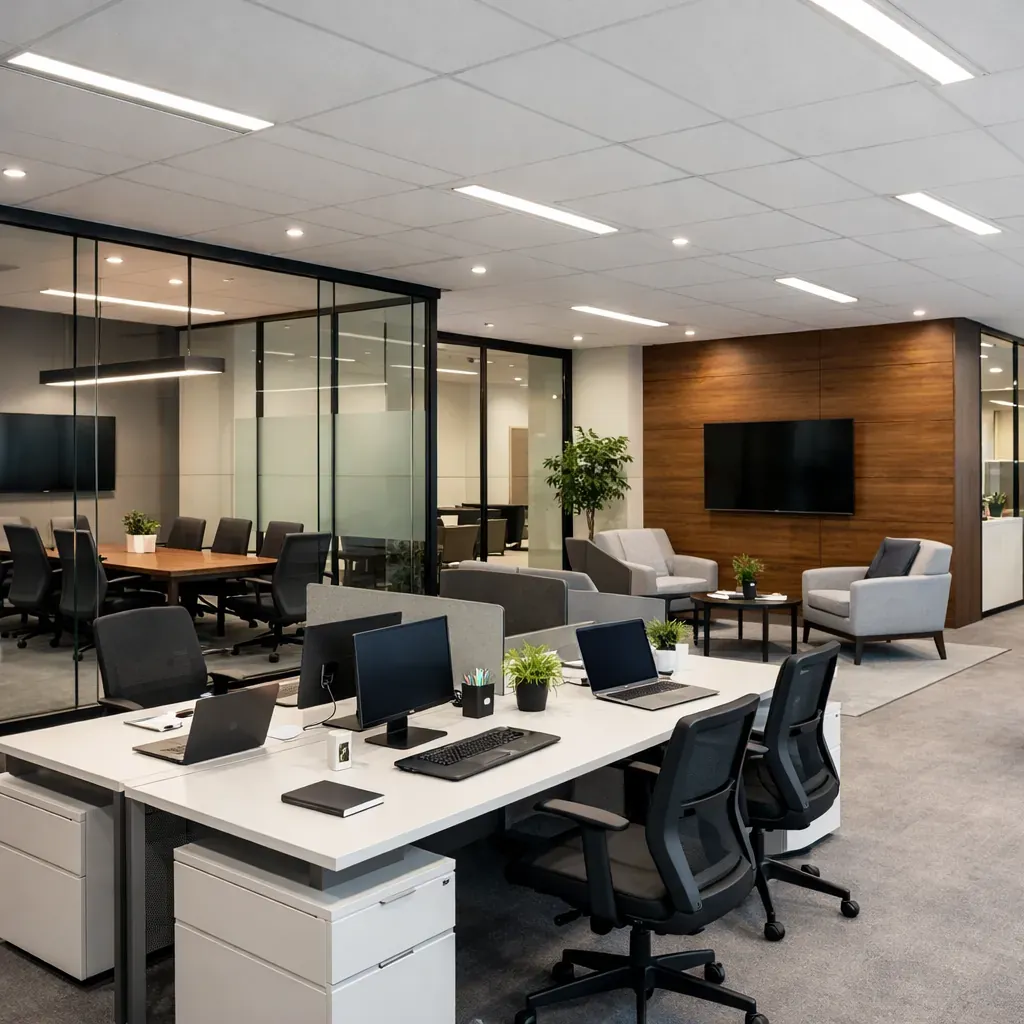 Espaces de bureaux modernes et professionnels reflétant une agence corporate
