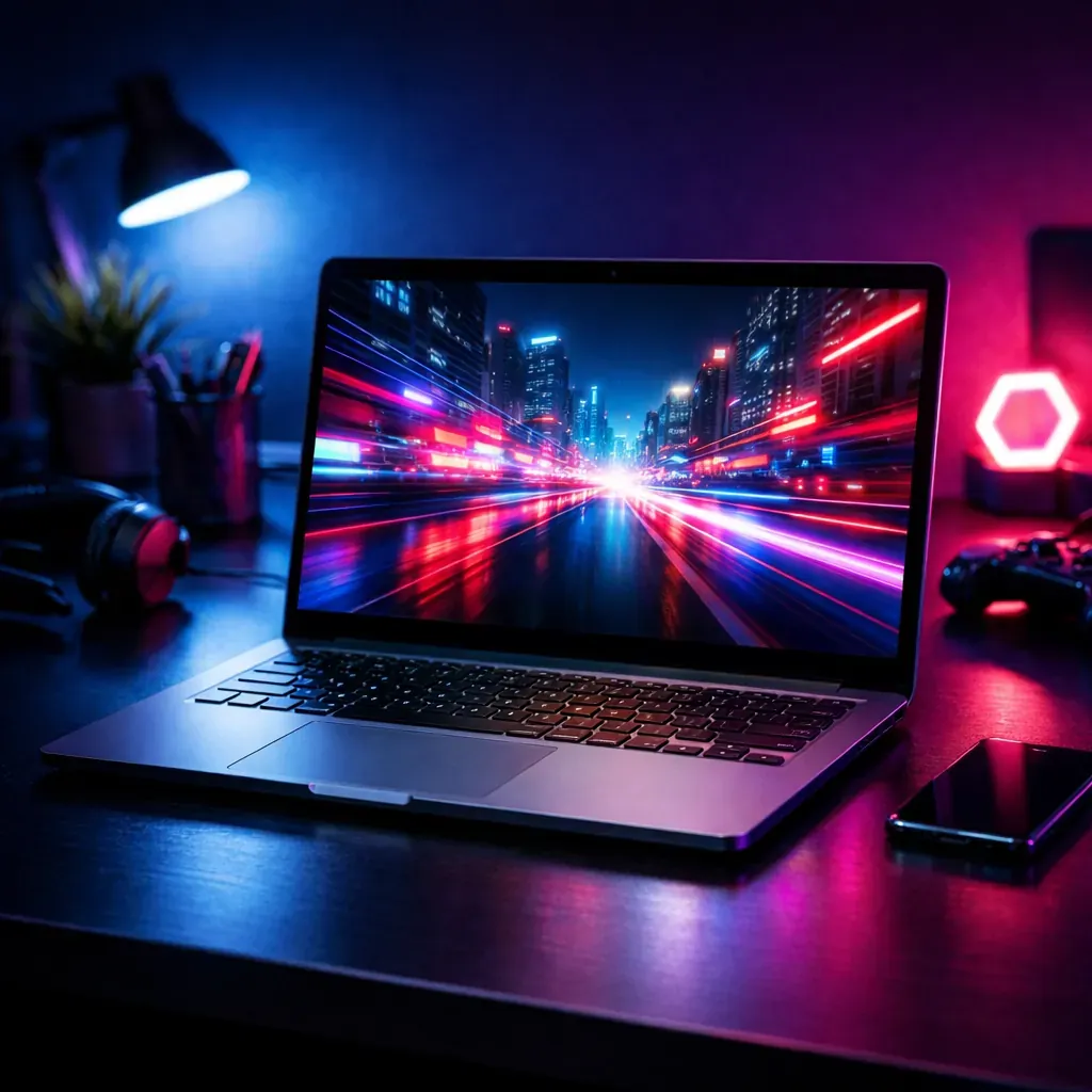 Laptop on dark desk with neon lights