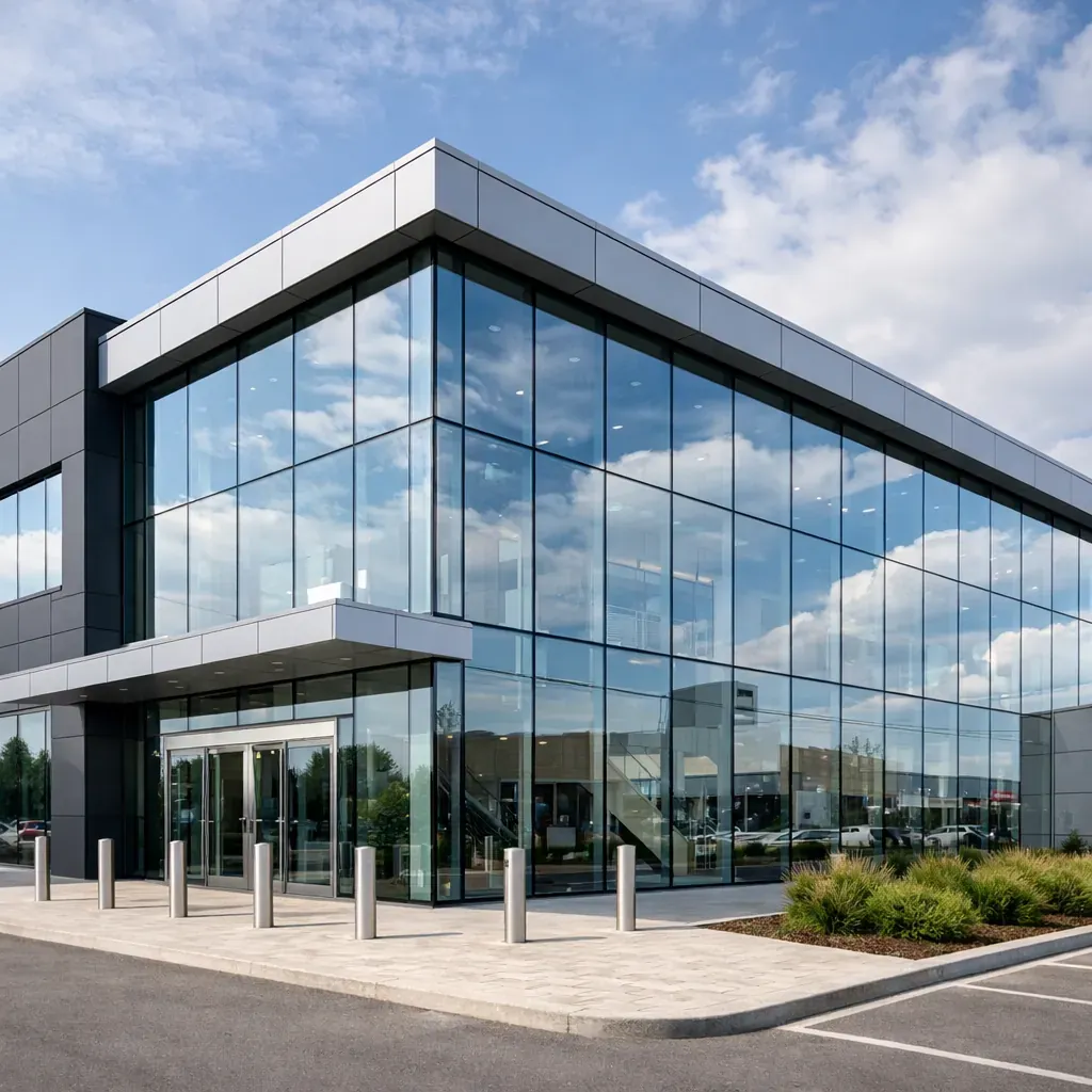 Bâtiment commercial avec façade en verre
