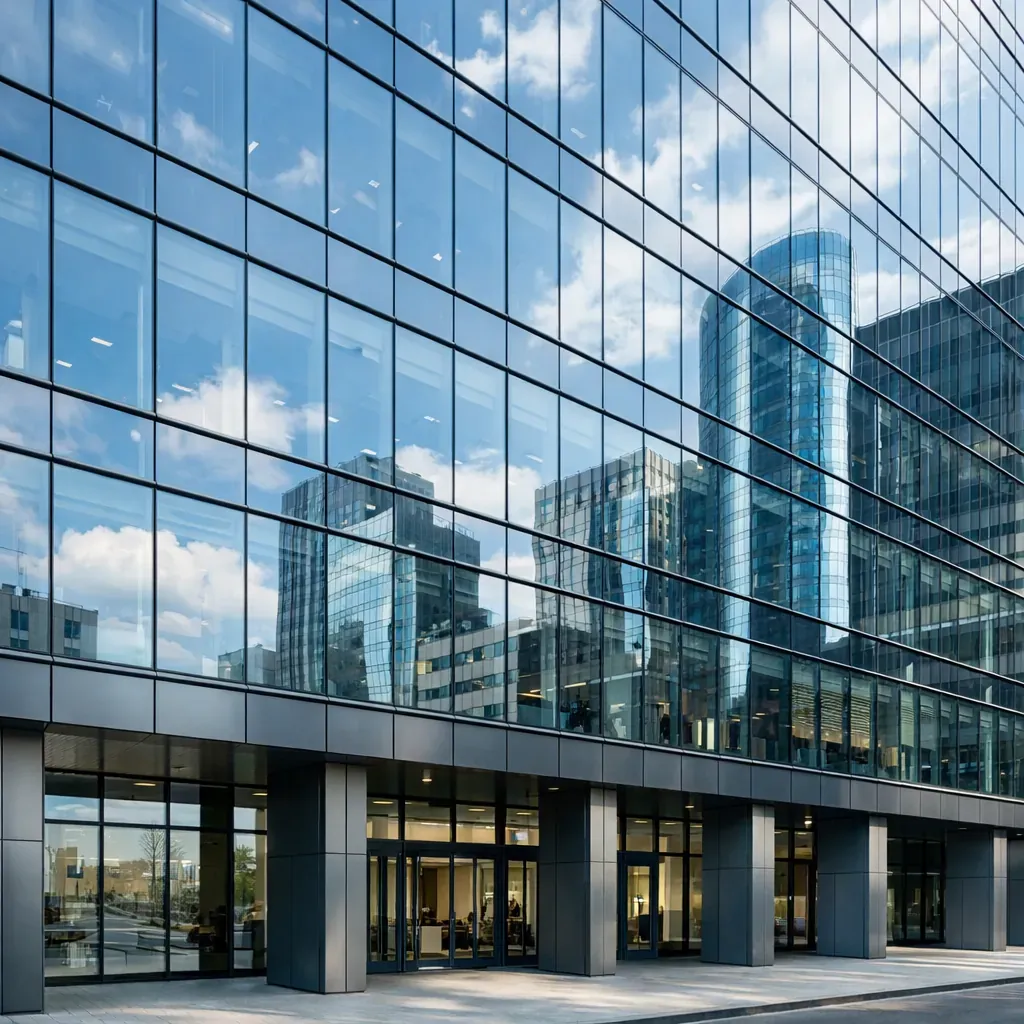 Façade d'un immeuble de bureaux moderne avec vitres réfléchissantes