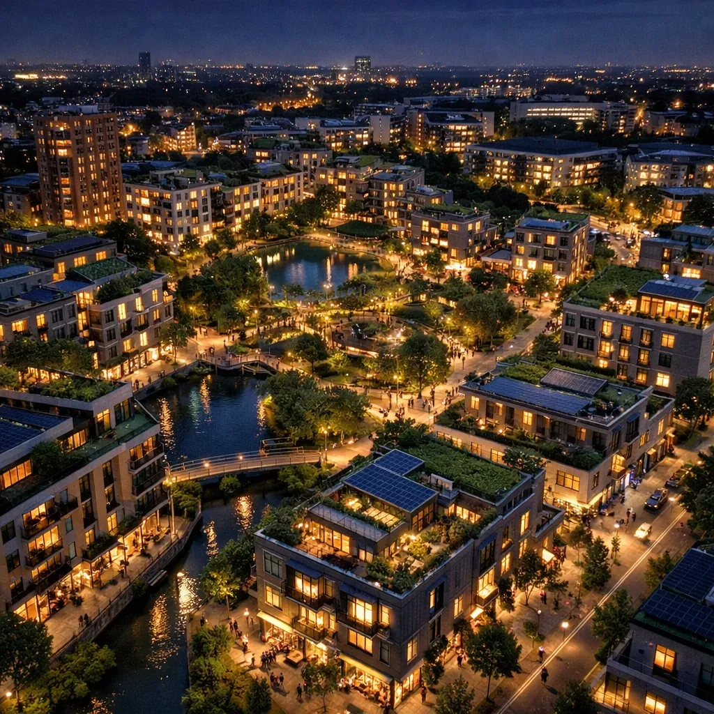 Vue aérienne d'un éco-quartier urbain de nuit