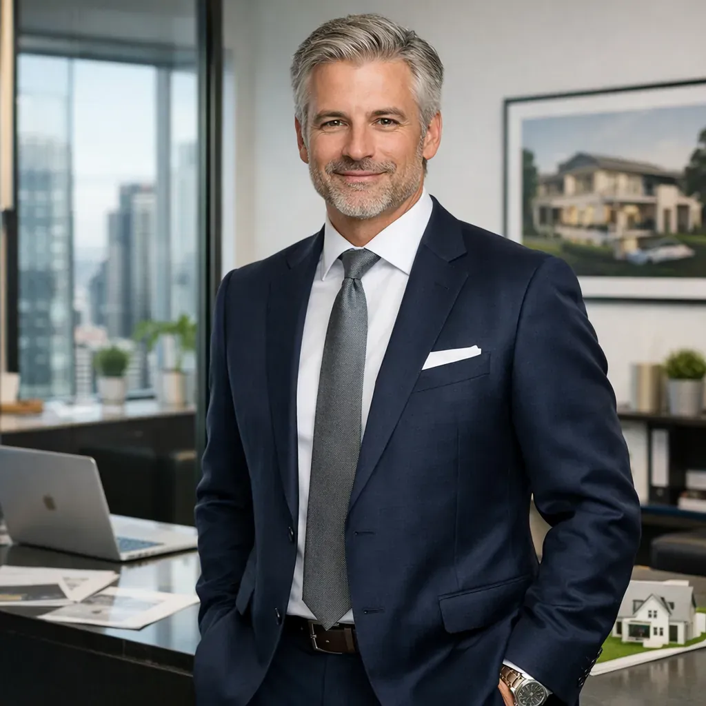 Consultant Senior en Immobilier en costume dans un bureau moderne