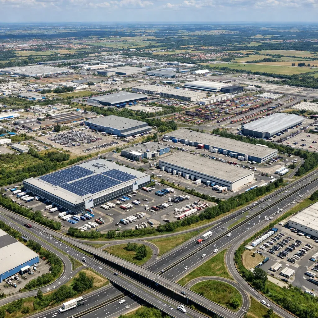 Vue aérienne d'une zone industrielle et logistique