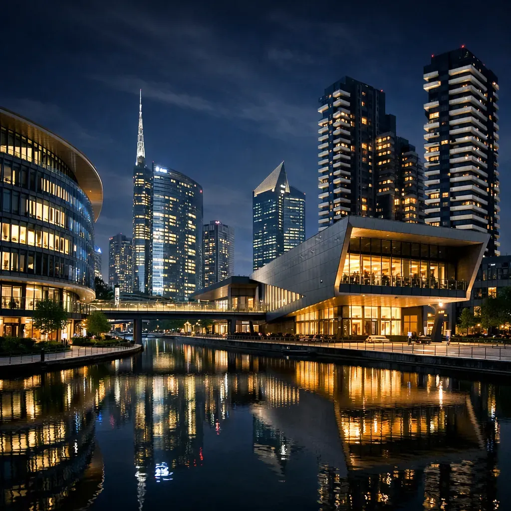 Architecture urbaine moderne vue de nuit