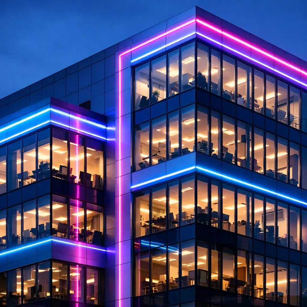 Façade d'un immeuble de bureaux moderne avec éclairage néon