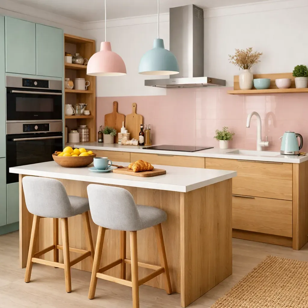 Cuisine contemporaine bois et pastel