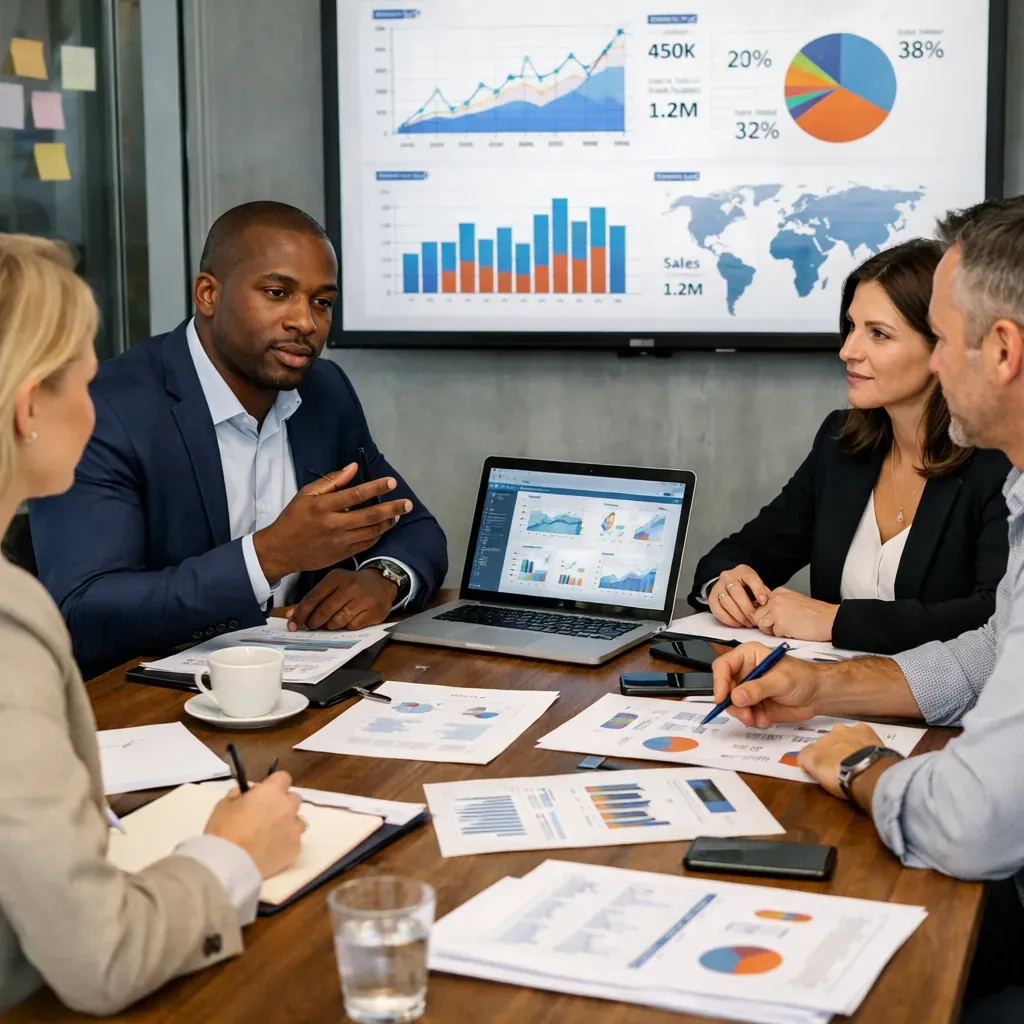 Réunion stratégique d'une équipe commerciale analysant des données