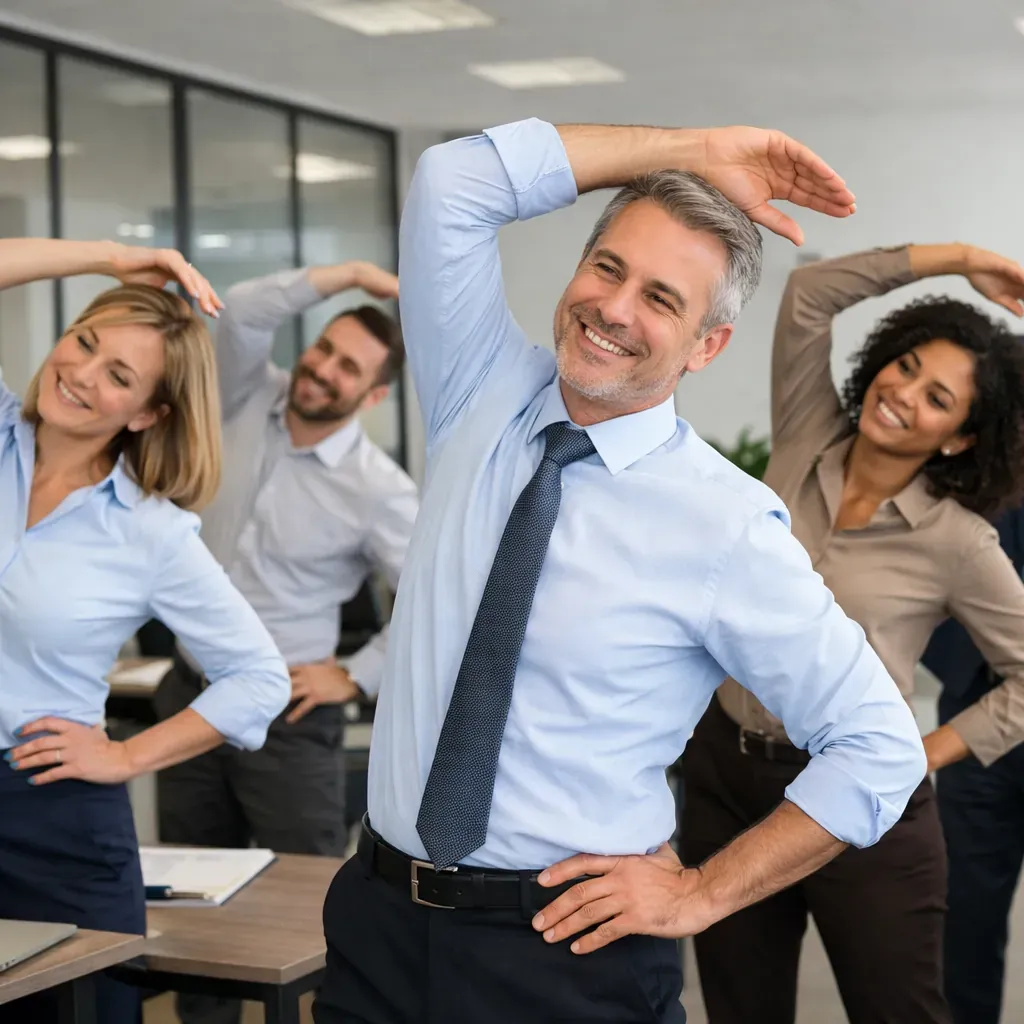 Professionnels en session d'étirement en entreprise